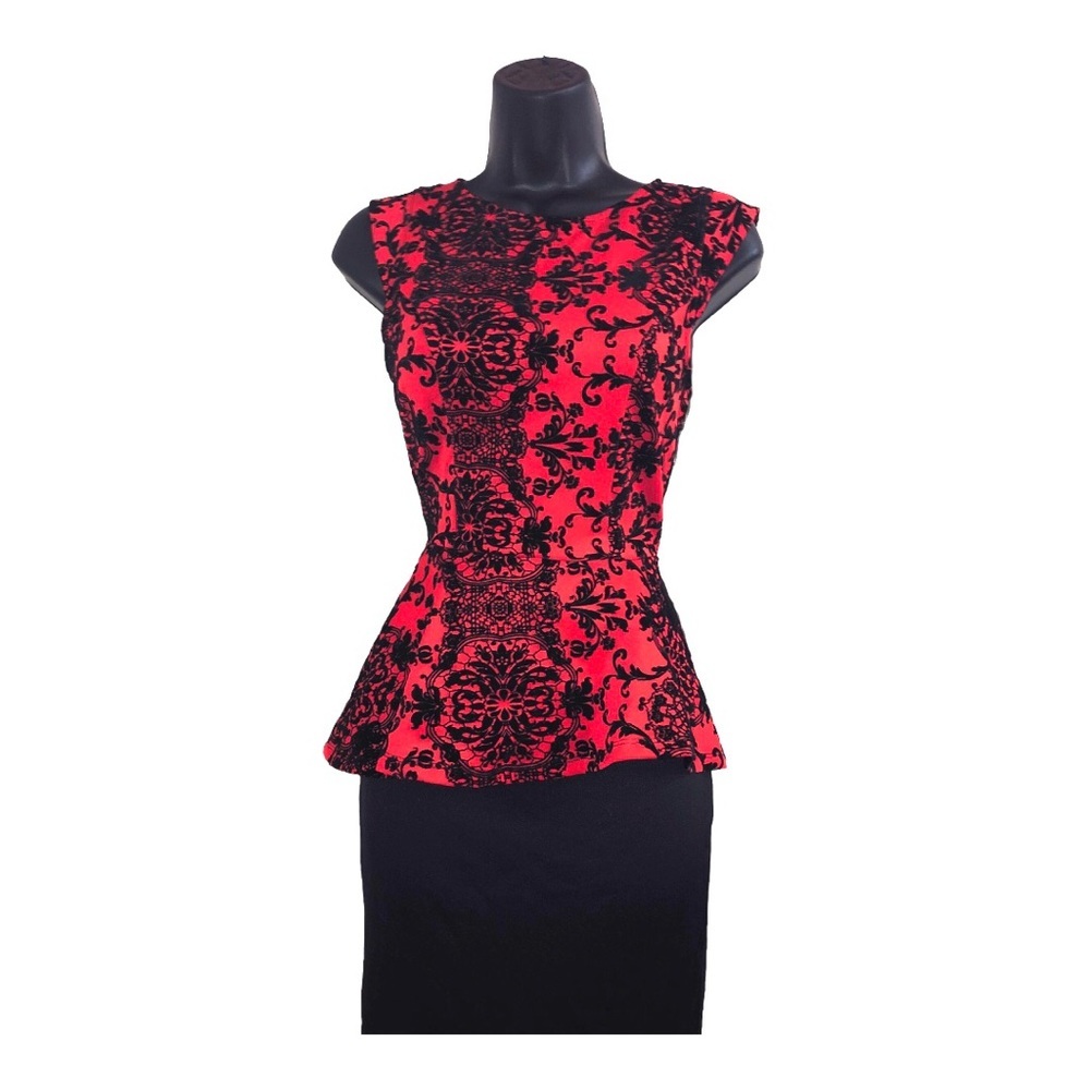 Red black floral embroidered lace back peplum fitted dress size small brand new - Picture 11 of 16